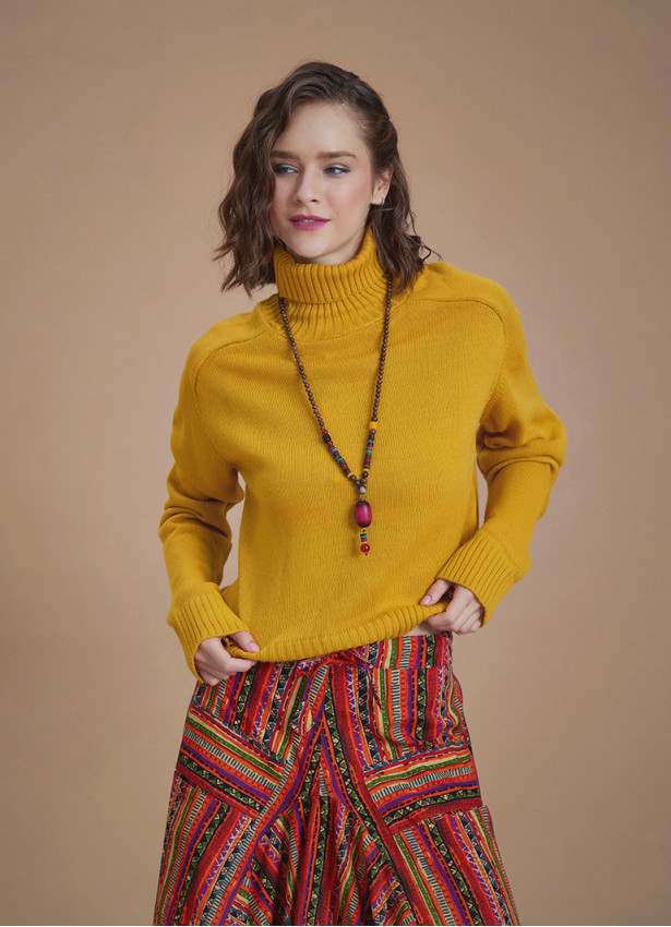 Bohemian Style Mustard Turtleneck Women's Sweater