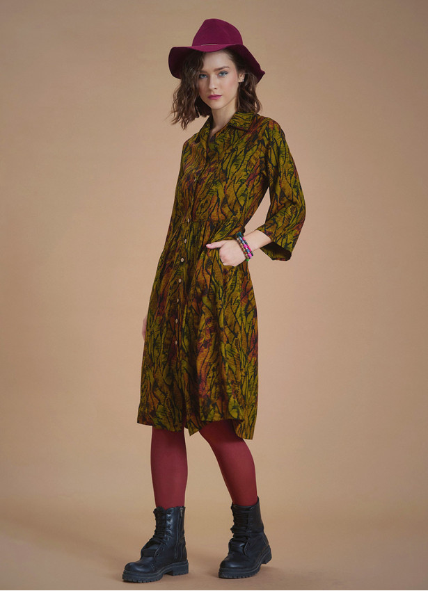 Green Patterned Paisley Winter Shirt Dress