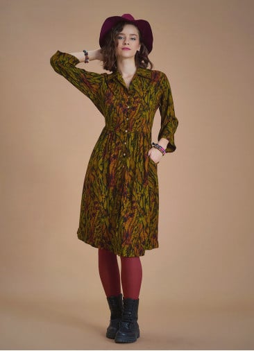 Green Patterned Paisley Winter Shirt Dress