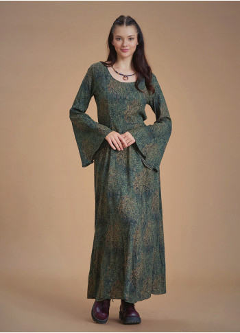 Boat Neck Maxi Bell Khaki Pattern Sleeve Dress