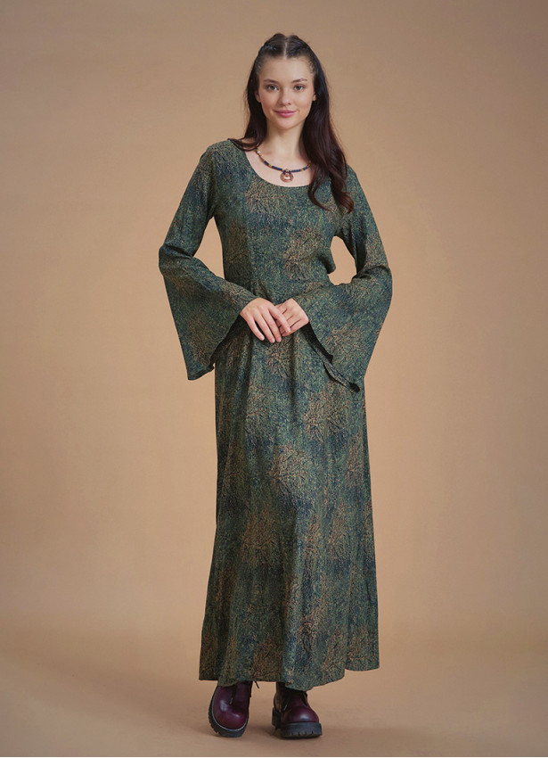 Boat Neck Maxi Bell Khaki Pattern Sleeve Dress