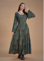 Boat Neck Maxi Bell Khaki Pattern Sleeve Dress