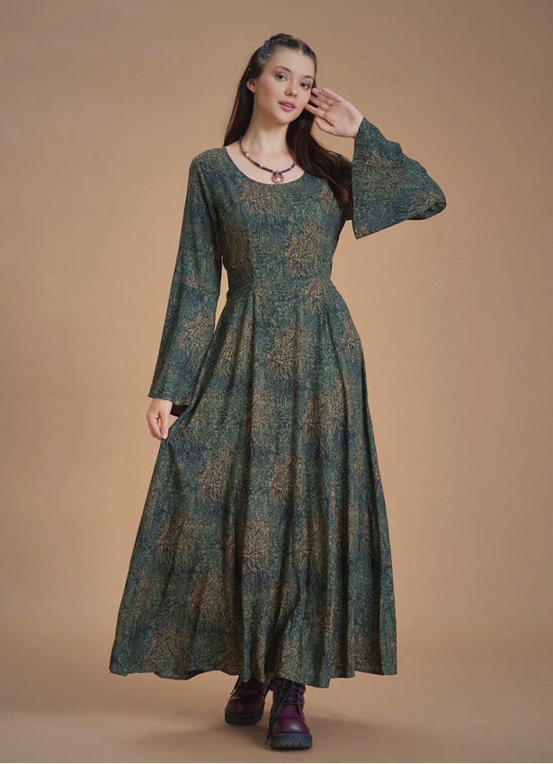 Boat Neck Maxi Bell Khaki Pattern Sleeve Dress