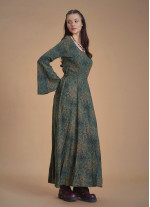 Boat Neck Maxi Bell Khaki Pattern Sleeve Dress