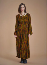 Boat Neck Khaki Pattern Gypsy Style Long Dress