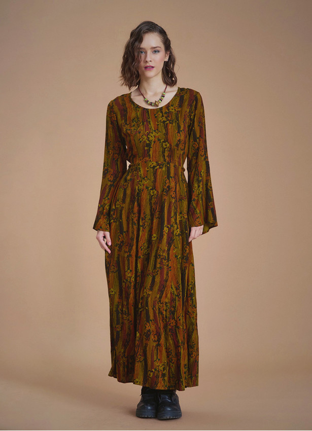 Boat Neck Khaki Pattern Gypsy Style Long Dress