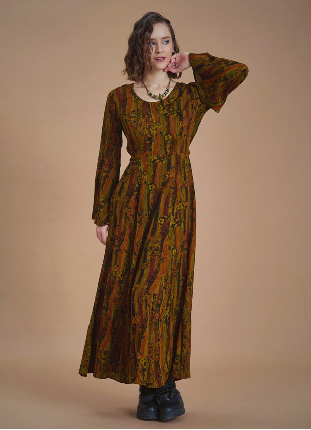 Boat Neck Khaki Pattern Gypsy Style Long Dress