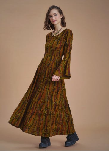 Boat Neck Khaki Pattern Gypsy Style Long Dress