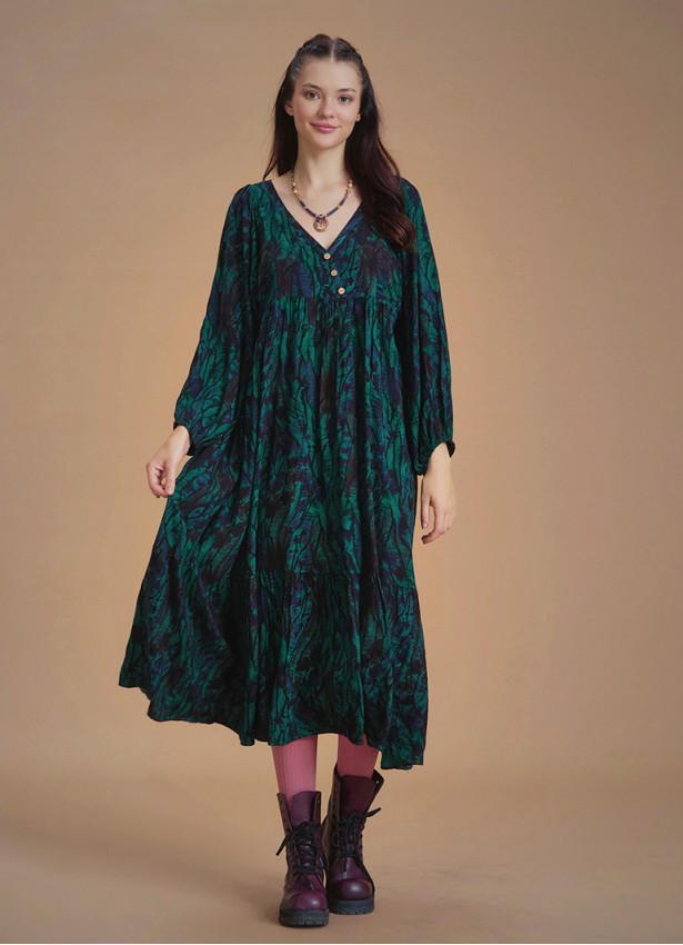 Long Puff Sleeve Green Long Tiered Dress