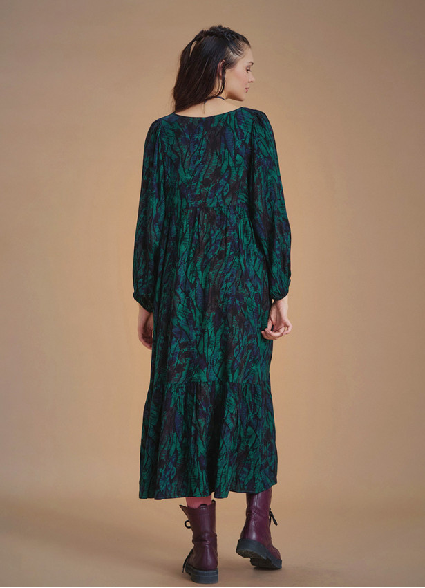 Long Puff Sleeve Green Long Tiered Dress