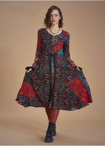 Black Ethnic Print Asymmetrical Hem Detail Bohemian Chic Long Sleeve Dress