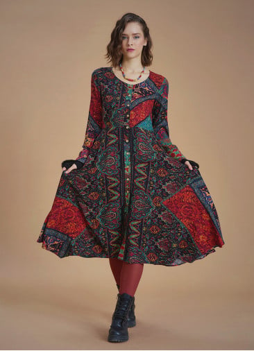 Black Ethnic Print Asymmetrical Hem Detail Bohemian Chic Long Sleeve Dress