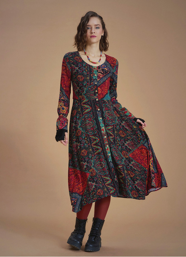 Black Ethnic Print Asymmetrical Hem Detail Bohemian Chic Long Sleeve Dress