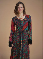 Black Ethnic Print Asymmetrical Hem Detail Bohemian Chic Long Sleeve Dress