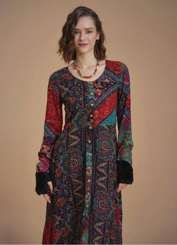 Black Ethnic Print Asymmetrical Hem Detail Bohemian Chic Long Sleeve Dress