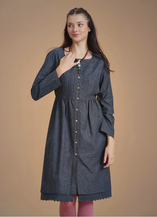 Nervure Front Laced Hem Long Sleeve Gray Dress