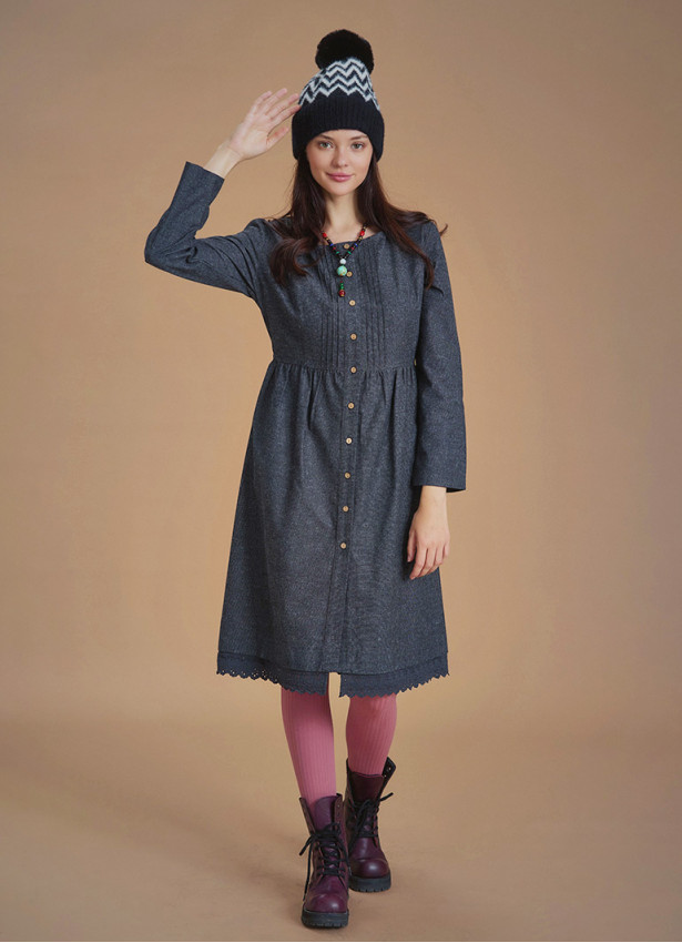 Nervure Front Laced Hem Long Sleeve Gray Dress