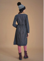 Nervure Front Laced Hem Long Sleeve Gray Dress