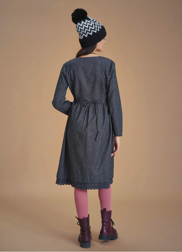 Nervure Front Laced Hem Long Sleeve Gray Dress