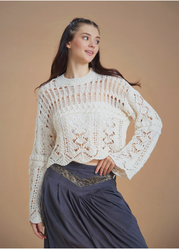 Openwork Knitted White Women's Sweater