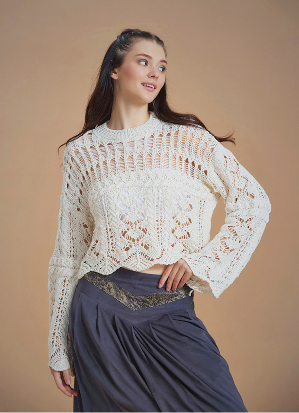 Openwork Knitted White Women's Sweater