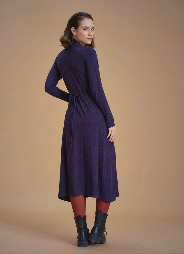 V Neckline Tie Waist Long Winter Dress