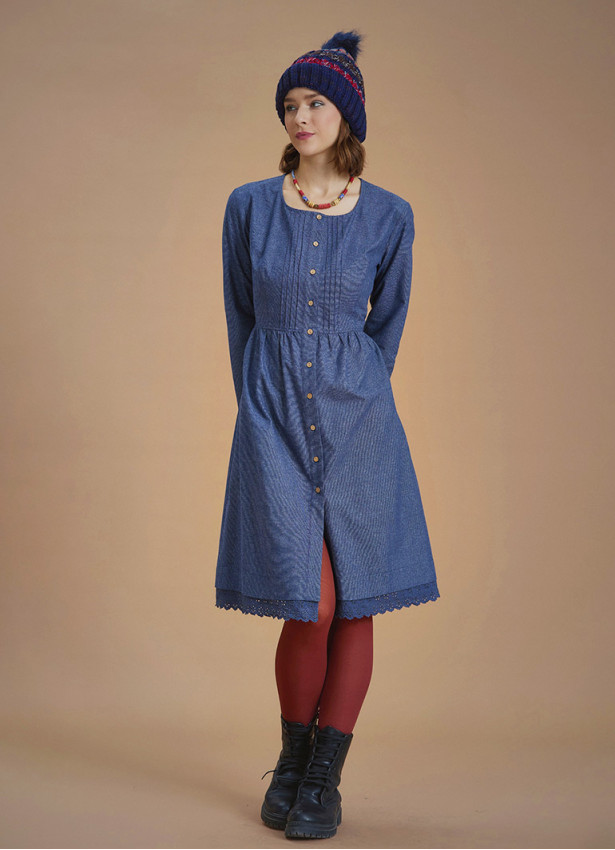 Nervure Front Laced Hem Long Sleeve Blue Dress