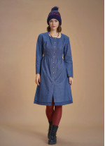 Nervure Front Laced Hem Long Sleeve Blue Dress