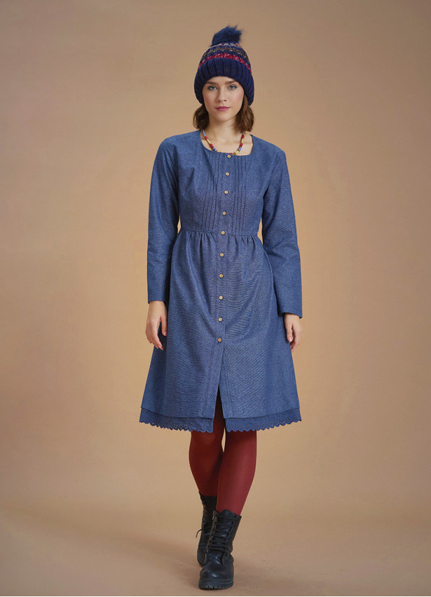 Nervure Front Laced Hem Long Sleeve Blue Dress