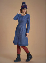 Nervure Front Laced Hem Long Sleeve Blue Dress