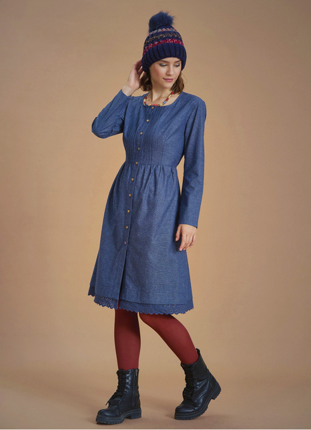 Nervure Front Laced Hem Long Sleeve Blue Dress