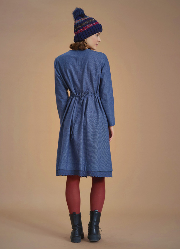 Nervure Front Laced Hem Long Sleeve Blue Dress