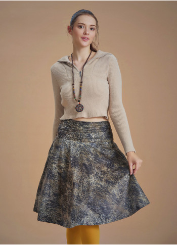 Flared Beige Patterned Suede Skirt