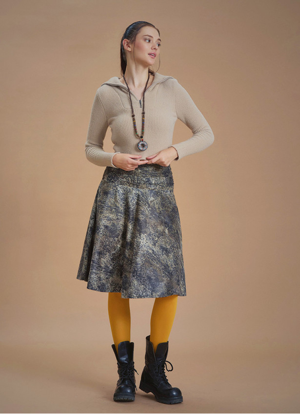 Flared Beige Patterned Suede Skirt