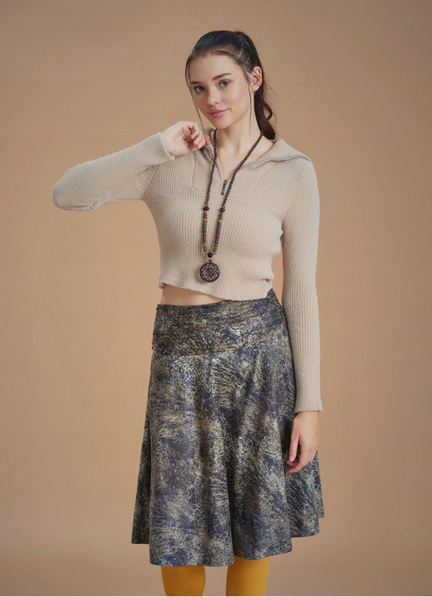 Flared Beige Patterned Suede Skirt