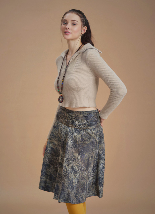 Flared Beige Patterned Suede Skirt