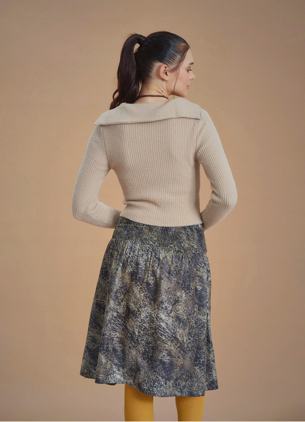 Flared Beige Patterned Suede Skirt