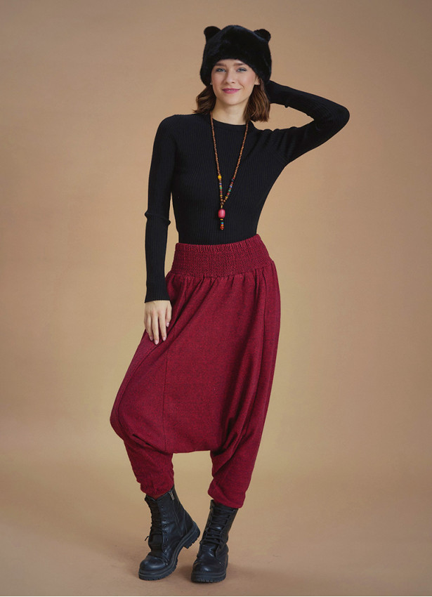 Winter Elastic Waist and Leg Maroon Harem Pants