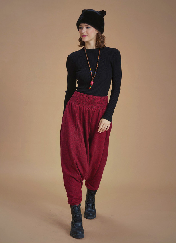 Winter Elastic Waist and Leg Maroon Harem Pants