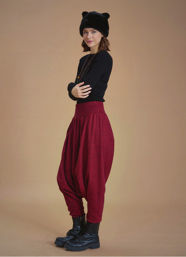 Winter Elastic Waist and Leg Maroon Harem Pants