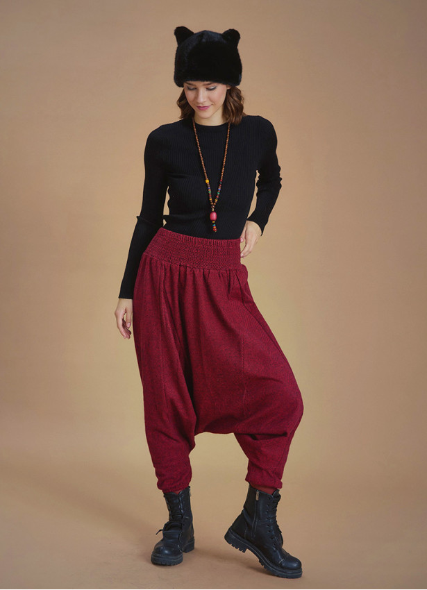 Winter Elastic Waist and Leg Maroon Harem Pants