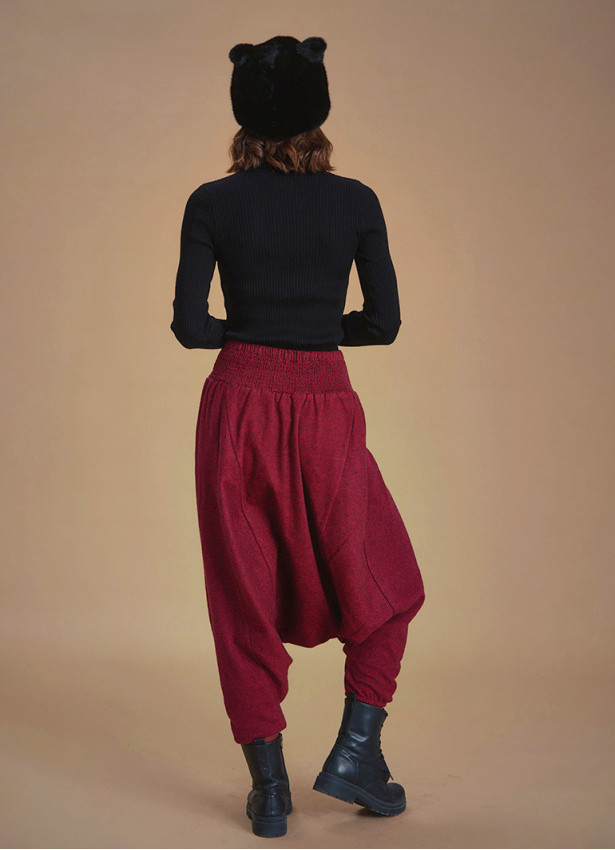 Winter Elastic Waist and Leg Maroon Harem Pants