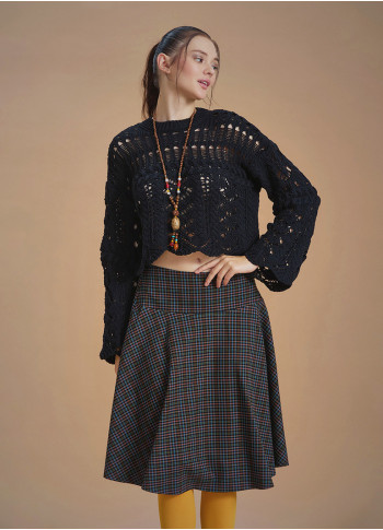 Flared Brown Patterned Houndstooth Skirt