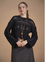 Openwork Knitted Black Women's Sweater