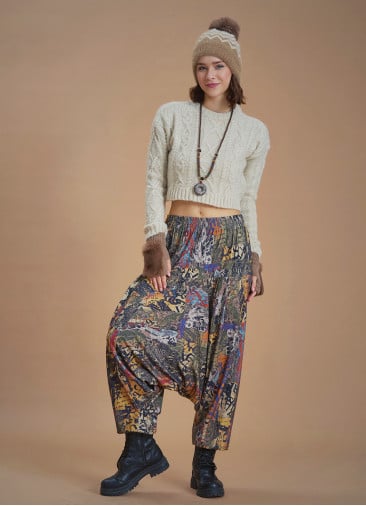 Elastic Waist Brown Patterned Winter Harem Pants