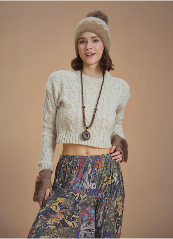 Round Neck Beige Cable Knit Crop Sweater