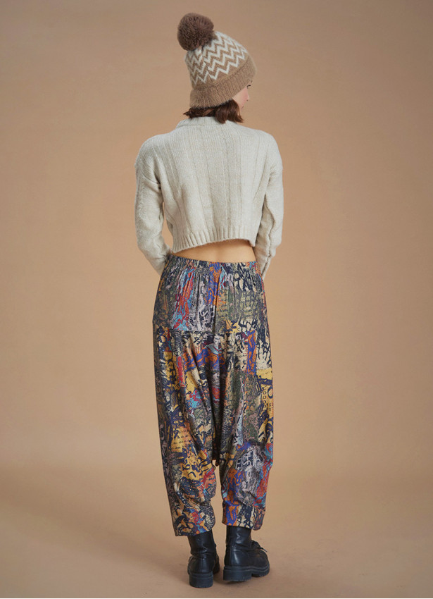 Elastic Waist Brown Patterned Winter Harem Pants