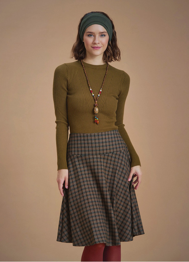 Flared Brown Plaid Houndstooth Skirt