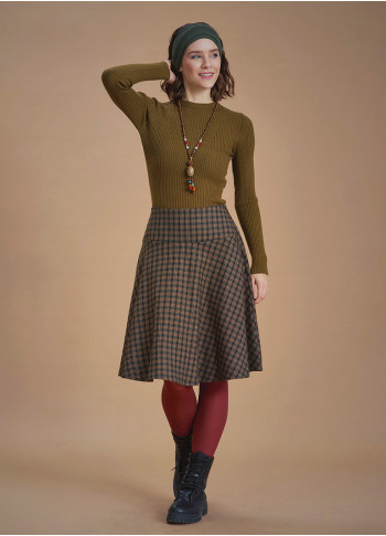 Flared Brown Plaid Houndstooth Skirt