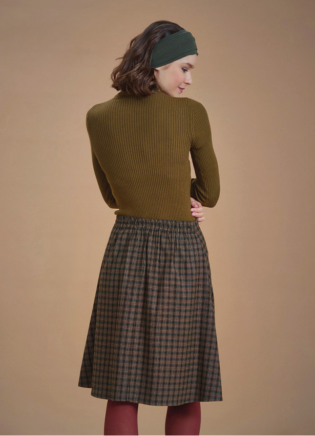 Flared Brown Plaid Houndstooth Skirt